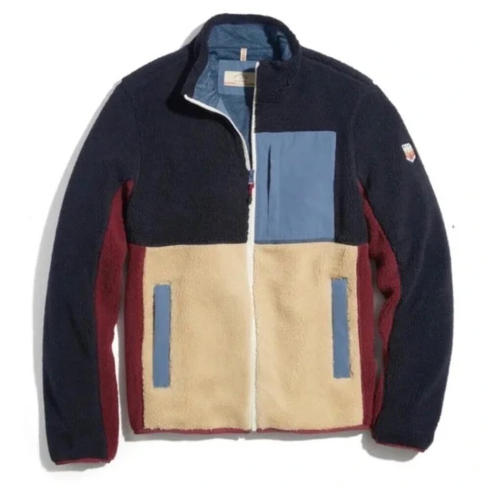 Marine Layer Colorblock Fleece Jacket in Navy, Beige & Burgundy